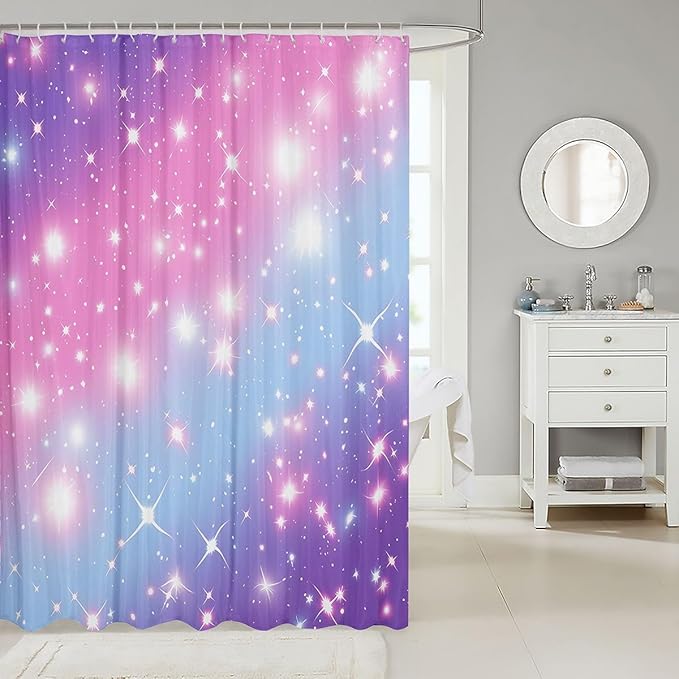 Gradient Glitter Shower Curtain For Girls, Rainbow Galaxy Bathroom Shower Set, Ombre Pastel Fabric Starry Sky Twinkle Bath Curtain, Purple Pink 72" W X 72" L