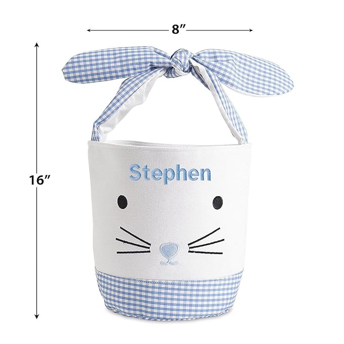 Lillian Vernon Personalized Kids Blue Gingham Easter Bag - 10" Diameter x 10.5"Tall, 100% Polyester Easter Basket, Add Initials or a Name, Easter Treat Bag