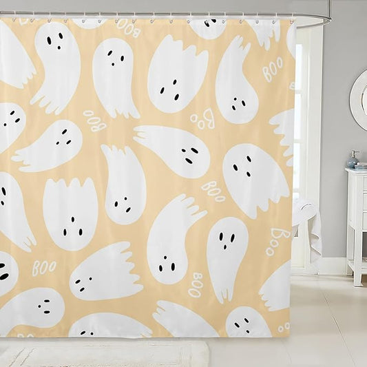 Happy Halloween Theme Shower Curtains,Yellow Cartoon Style Bath Curtain,Cute Ghost Cloth Fabric Bathroom Decor Set with Hooks,78" Long