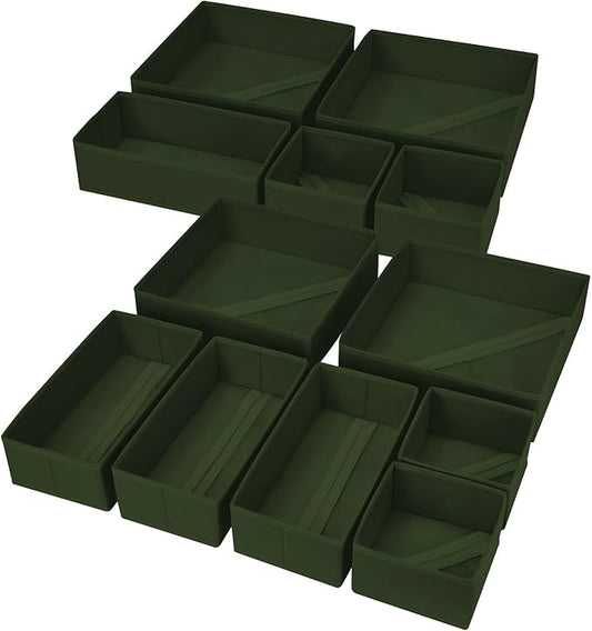 DIMJ Drawer Organizer Clothes, 12 Pack Dresser Organizer, Foldable Closet Organizers and Storage, Fabric Dresser Bins, Drawer Dividers for Nursery, Baby Clothes, Underwears, Sock (Green)