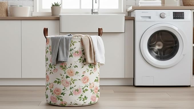 CLOCOR Round Collapsible Flat Storage Basket,Space-Saving Fabric Laundry Hamper for Clothes,Nursery Hamper,Gift Basket(Watercolor Rose)