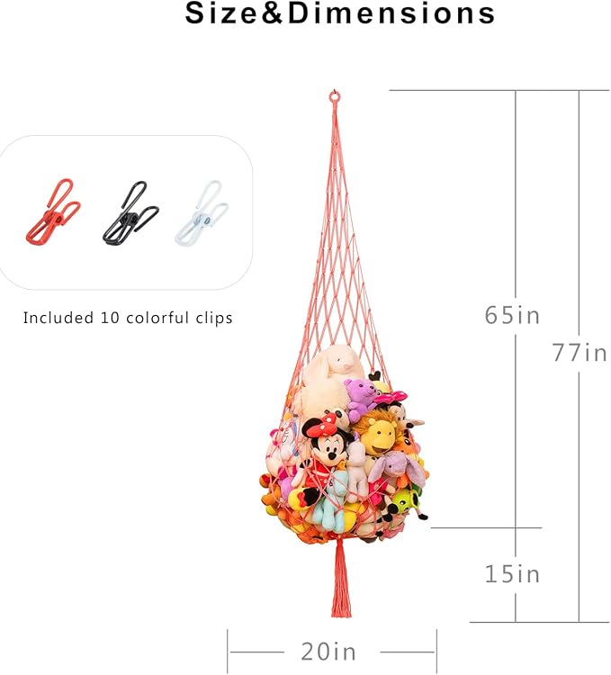 Novel Stuffed animal Net or Hammock Macrame Plush Toy Display-6.5Ft H-One Hook Only! Convenient for Corners, Walls and Ceiling Hanging Net, stuff animal storage for kid Room Bedroom Playroom-Pink