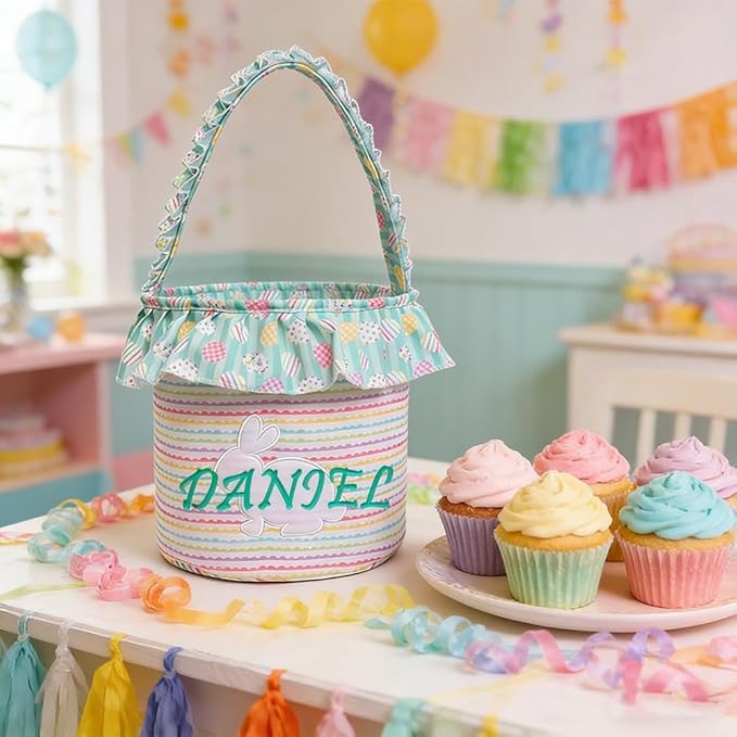 Personalized Easter Basket with Name for Kids Custom Embroidered Floral Bunny Egg Hunt Bag for Boys Girls Gingham Canvas Storage Bucket Cotton Rabbit Party Tote, Nursery Decor Storage Pouch