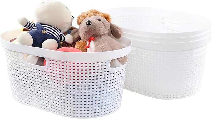 4 Packs 40 L Laundry Baskets, Plastic Dirty Clothes Hampers with Cut-Out Handles for Bedroom, Bathroom, Dorm, Laundry Room, White