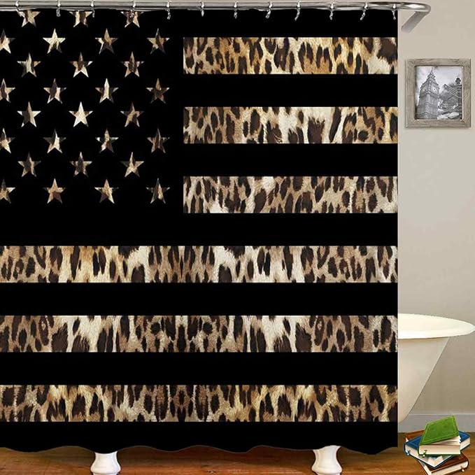 4PCS Black American Flag Leopard Shower Curtain Sets with Rugs, Waterproof Fabric Shower Curtain, Cheetah Print African Animal Safari Wildlife Skin Stars and Stripes USA Flag Bathroom Decor
