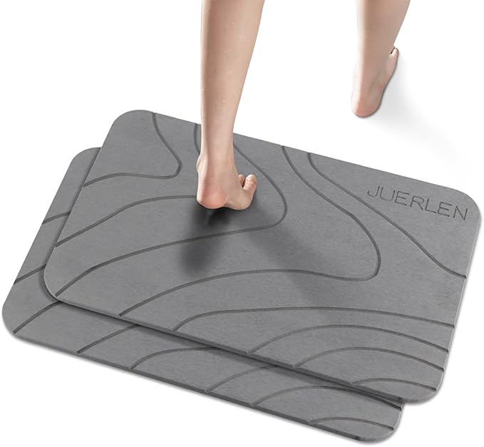 2 Pack Diatomaceous Earth Shower Mat, Stone Bath Mat, Nonslip Super Absorbent Fast-Drying Hard Bath Mat for Bathroom Shower Floor, 24 x 16 inch, Grey Wave Design
