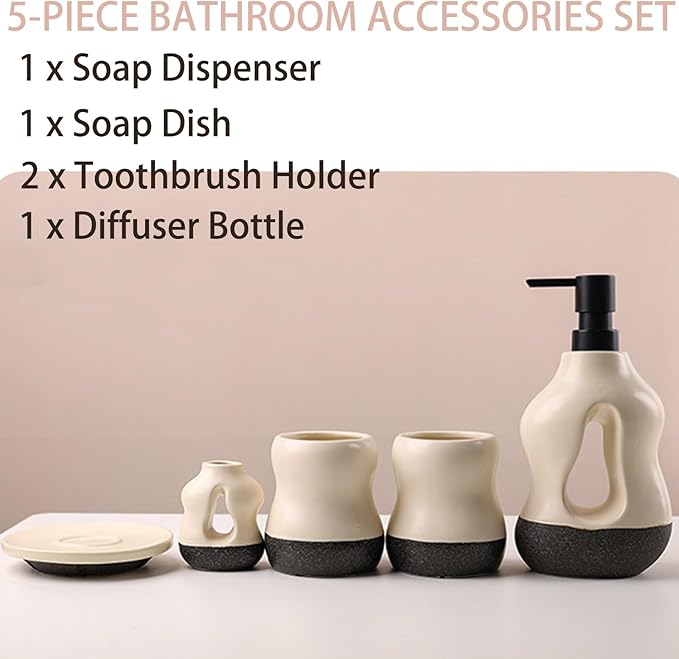 5PCS Bathroom Accessories Set, Two Toothbrush Cups, Soap Dispenser, one Aromatherapy Decorative Cup, and one soap Dish，Bathroom Organizer for Modern Bathrooms