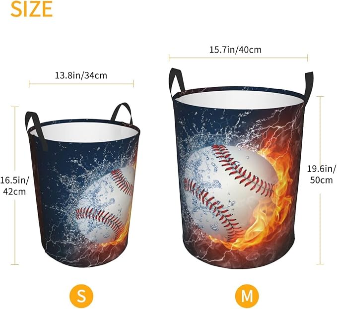 Sport Baseball Ball In Fire And Water Round Laundry Hamper Storage Basket Toys Clothes Organizer Bin For Home Bathroom Bedroom Dorm Nursery, 38l