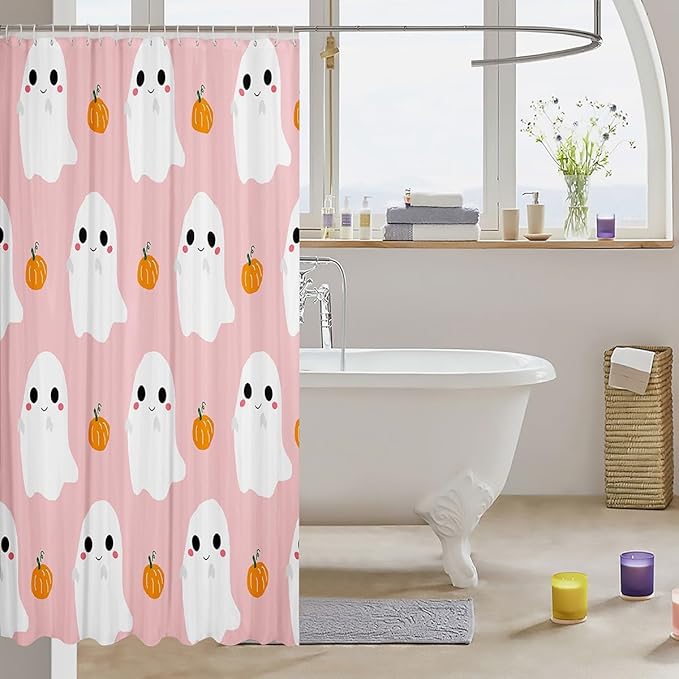 Hand Draw Pink White Print Shower Curtain with Hooks,Watercolor Pumpkin Halloween Room Decor Bath Curtain,Cartoon Ghost Bathroom Accessories Waterproof Panel,72x 84 Inches
