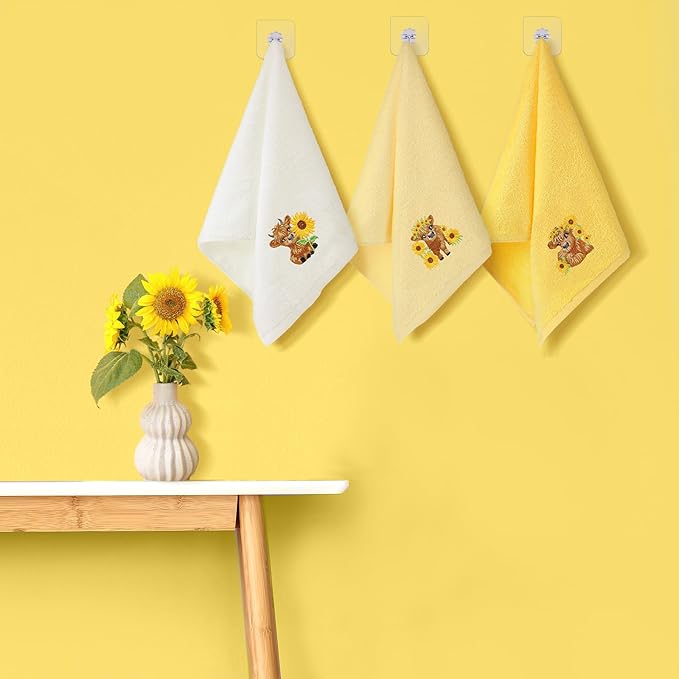 3 Pcs Sunflower Highland Cow Hand Towels Embroidered Highland Cow Farmhouse Yellow Decorative Bathroom Towels for Bathroom Kitchen Decor, 100% Cotton, 13.3 x 29.5''
