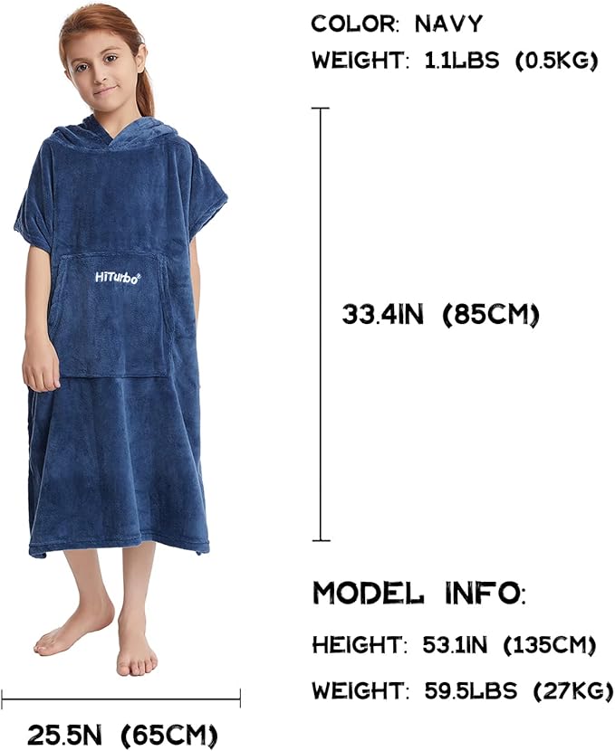 Hiturbo Kids Towel Changing Robe: Soft Plush Bath Towels - Warm Coral Fleece Hoodie - Swim Surf Poncho for 5-12 Years (Navy)