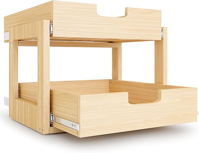 Pull Out Cabinet Organizer, 26''W×21''D×16''H Soft Close Slide Out Wooden Pull out Drawers, Double Tier Slide out Wood Cabinet Organizer, for Base Cabinet Organization in Kitchen, Pantry, Bathroom