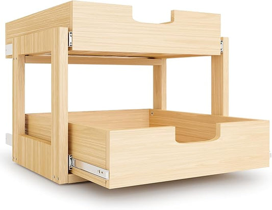 Pull Out Cabinet Organizer, 17''W×21''D×16''H Soft Close Slide Out Wooden Pull out Drawers, Double Tier Slide out Wood Cabinet Organizer, for Base Cabinet Organization in Kitchen, Pantry, Bathroom