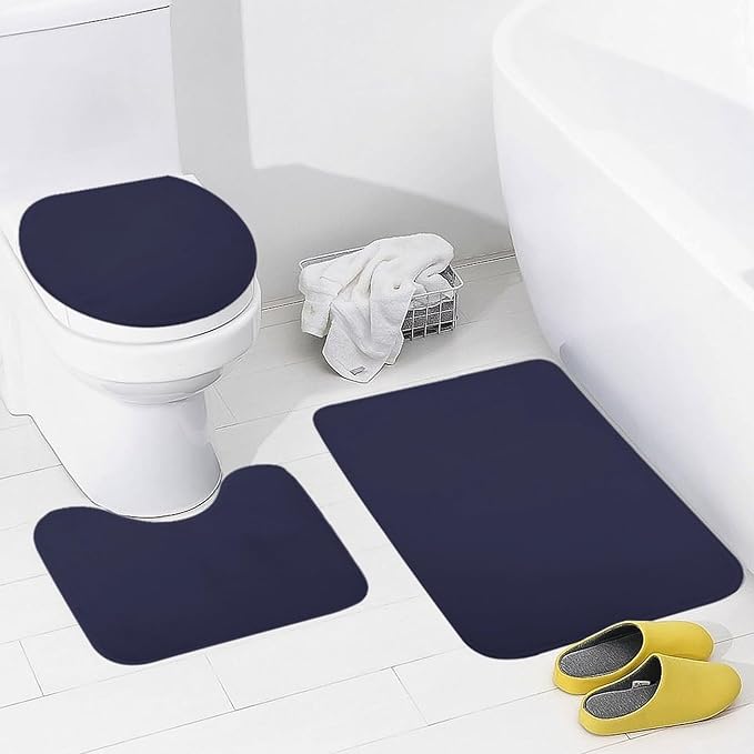 3 Pieces Bath Rug Sets, Navy Blue Modern Bathroom Mat Set Non Slip U Shaped Contour Rug & Toilet Lid Cover