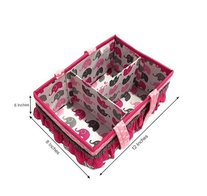Bacati Elephants Girls Nursery Fabric Storage Caddy with Handles, Pink/Grey