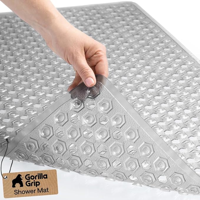 GORILLA GRIP Patented Bath Tub Shower Mat, Machine Washable Bathtub Floor Liner Mats, Suction Cups and Drain Holes to Keep Tubs Clean, Soft on Feet, Bathroom Essentials, 35x16 Inch, Clear Gray