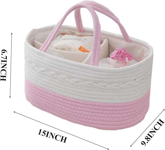 Cotton Rope Diaper Caddy Organizer, Nursery Storage Bin and Car Organizer for Diapers and Baby Wipes,Changing Table Baby Diaper Storage For Baby Shower & New Mums