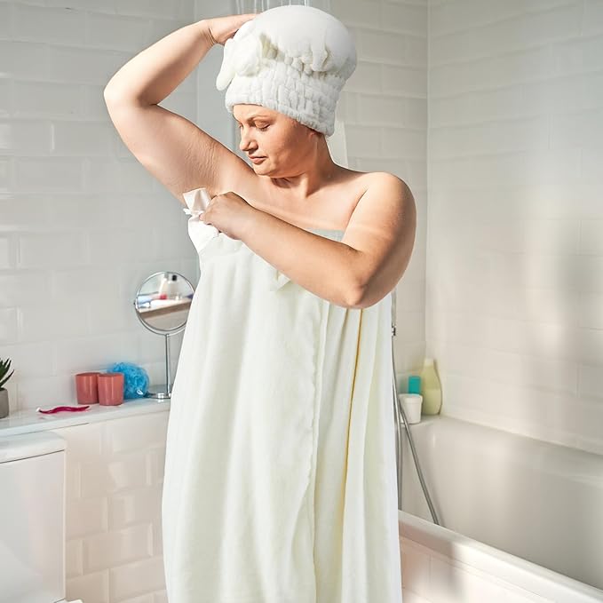 Xtinmee 2 Sets Womens Wrap Towel with Hair Towel Bath Towel Wrap Shower Dress Towel Spa Wraps for Women's Bathrobe (White, Plus Size)