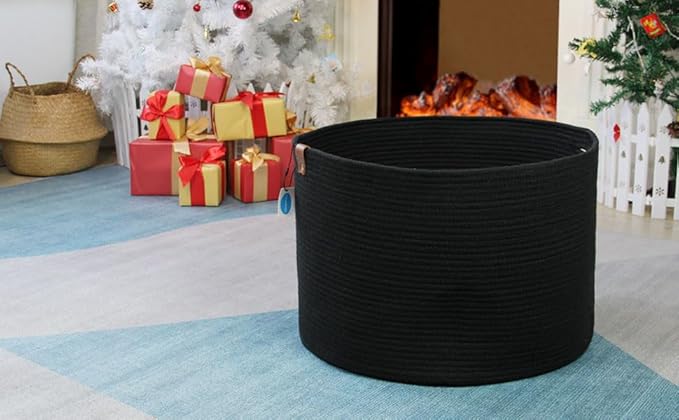 Casaphoria XXXLarge Cotton Rope Basket for Living Room - Woven Storage Basket with Handle for Blankets, Towels and Pillows Laundry Hamper | Dark Black (21" x 21" x 13.8")