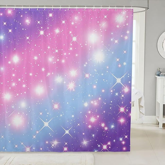 Gradient Glitter Shower Curtain for Girls, Rainbow Galaxy Bathroom Set for Kids Boys Women, Ombre Pastel Fabric Starry Sky Twinkle Bath Curtain, Purple Pink 72" W X 78" L