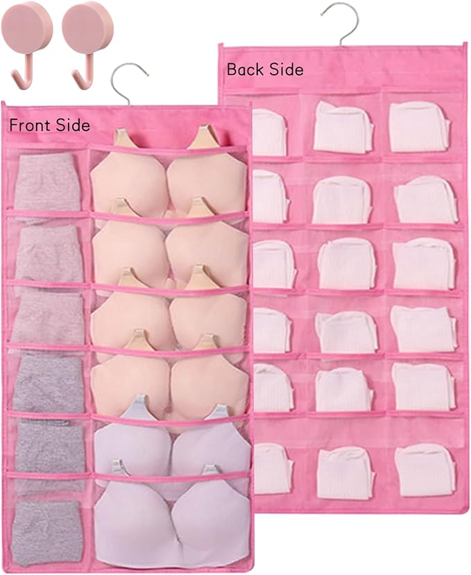Closet Hanging Organizer with Mesh Pockets & Rotating Metal Hanger,Dual Sided Hanging Closet Mesh Pockets Organizer for Underwear, Stocking, Bra and Sock(Pink：12+18 Pockets)
