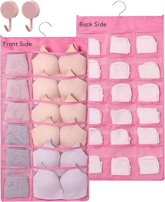 Closet Hanging Organizer with Mesh Pockets & Rotating Metal Hanger,Dual Sided Hanging Closet Mesh Pockets Organizer for Underwear, Stocking, Bra and Sock(Pink：12+18 Pockets)