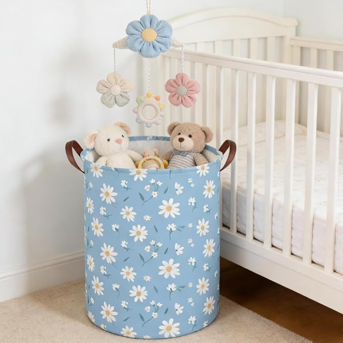 Daisy hamper,Blue flower Laundry Basket,Baby Nursery Hamper,Waterproof foldable girls toy storage box,Dirty Clothes Hampers,Flower house decor(Daisy)