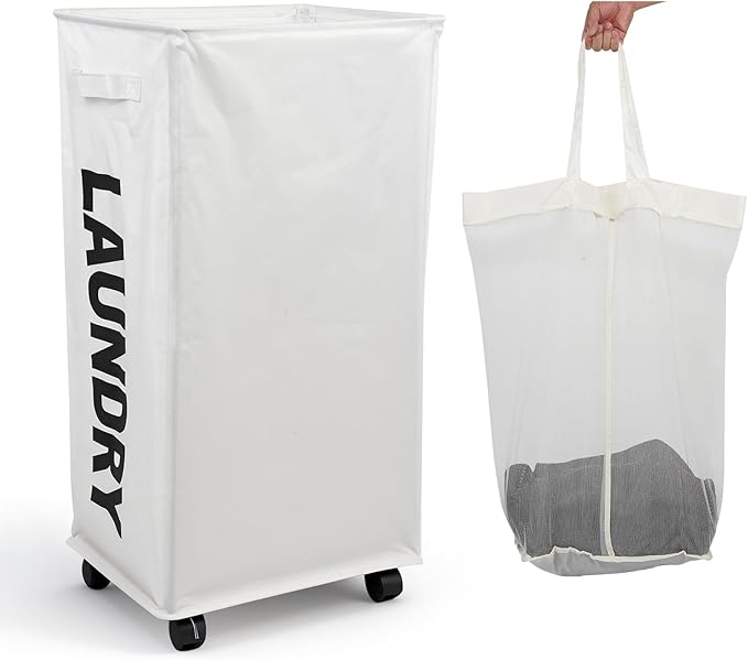 90L Laundry Basket with Wheels, Laundry Hamper with Removable Wash Bag, Rolling Clothes Hamper, Foldable Dirty Clothes Basket on wheels for Bedroom, Dorm, Laundry Room, White