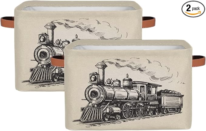 Large Storage Baskets for Organizing Shelves Vintage Steam Locomotive Train Foldable Cube Storage Bins with Handles Rectangle Fabric Closet Organizers for Home Toys Clothes, 2 Pack