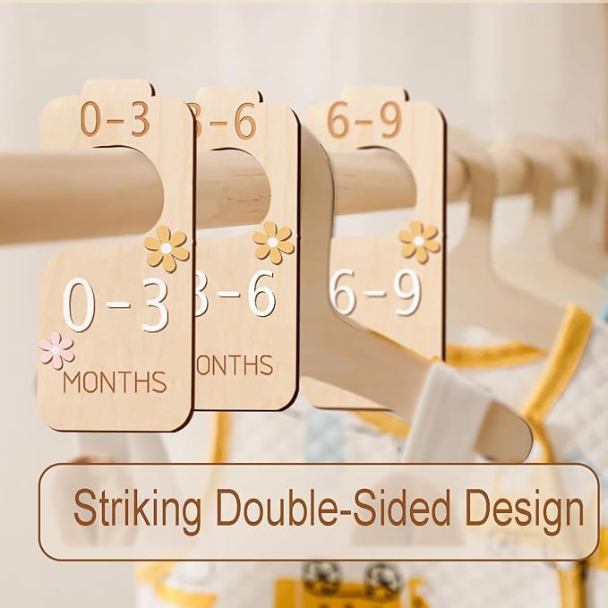 Baby Closet Divider - 3D Double-Sided Wooden Baby Wardrobe Baby Closet Organizer,Daisy design Nursery Decor Clothes Hanger Dividers for Sorting 8 Sizes from Newborn to 24+ Months