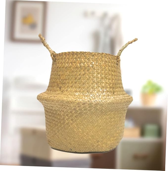 Handmade Foldable Seaweed Storage Basket Woven Decorative Basket for Organizing Clothes Toys and Plants Small Yellow