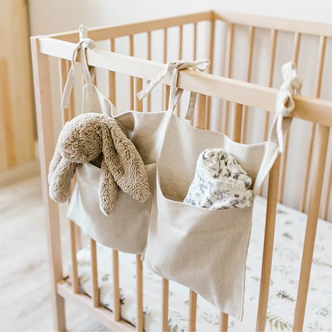 Linen Baby Bedside Hanging Storage Bag,2 Pockets Organizer for Baby Cribs and Toys (Burlywood)