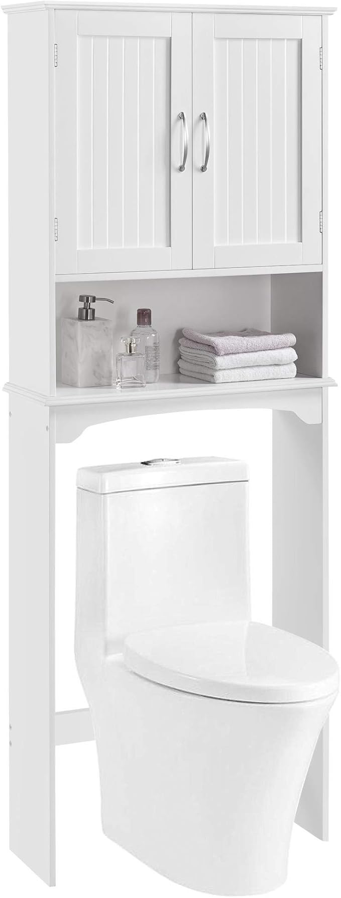 Topeakmart Over The Toilet Storage, Toilet Rack with Adjustable Shelf and Double Doors for Bathroom, 3 Shelves, White