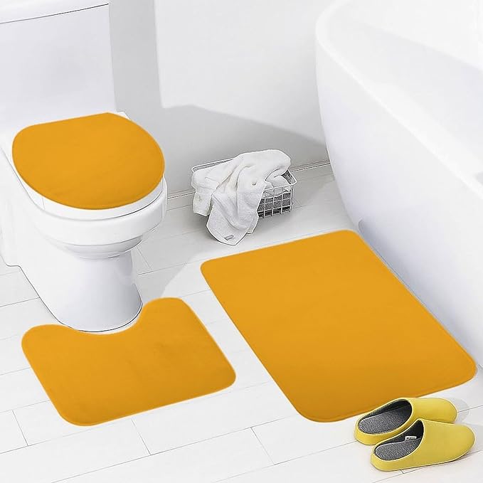 3 Pieces Bath Rug Sets, Orange Trend Color Bathroom Mat Set Non Slip U Shaped Contour Rug & Toilet Lid Cover