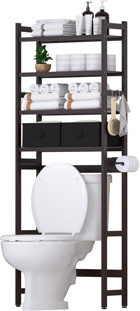 Over The Toilet Storage with 2 Baskets, 4-Tier Bamboo Organizer Rack with Paper Holder & 4 Hooks & Waterproof Feet Pad,Freestanding Shelf for Bathroom(Brown)