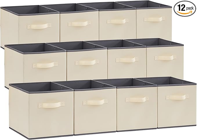 Lifewit Storage Cubes, Foldable Decorative Fabric Storage Baskets for Organizing Home Organizers with Handles for Shelves, Closet, 11 Inch Bins, 18L Beige, 12 Packs