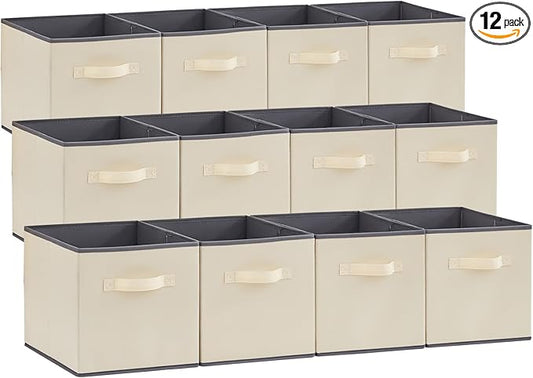 Lifewit Storage Cubes, Foldable Decorative Fabric Storage Baskets for Organizing Home Organizers with Handles for Shelves, Closet, 11 Inch Bins, 18L Beige, 12 Packs