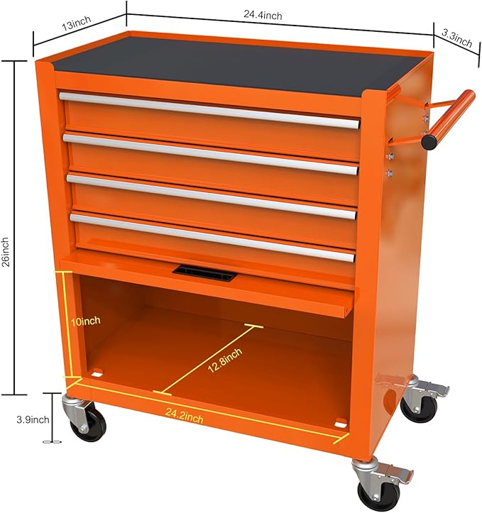 CHD Rolling Tool Chest, Tool Box with Wheels, Tool Storage Cabinet with 4 Drawers, Tool Box Organizer with Lock for Garage Workshop, Orange