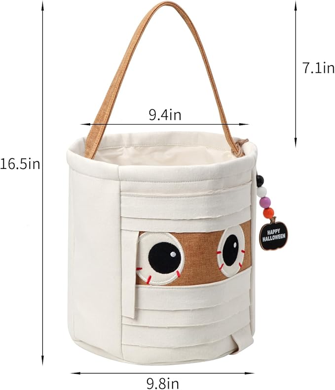 Halloween Trick or Treat Basket - Mummy Canvas Candy Bucket with Handle - Halloween Basket - Fabric Candy Bag for Parties & Treats (Mummy)
