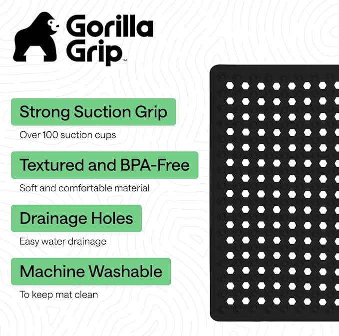 GORILLA GRIP Patented Square Shower Stall Mat, Small Bathtub Floor Mats for Stand Up Showers, Suction Cups and Drainage Holes, Machine Wash, Soft on Feet, Bathroom Accessories 21x21 Inch, Black Opaque