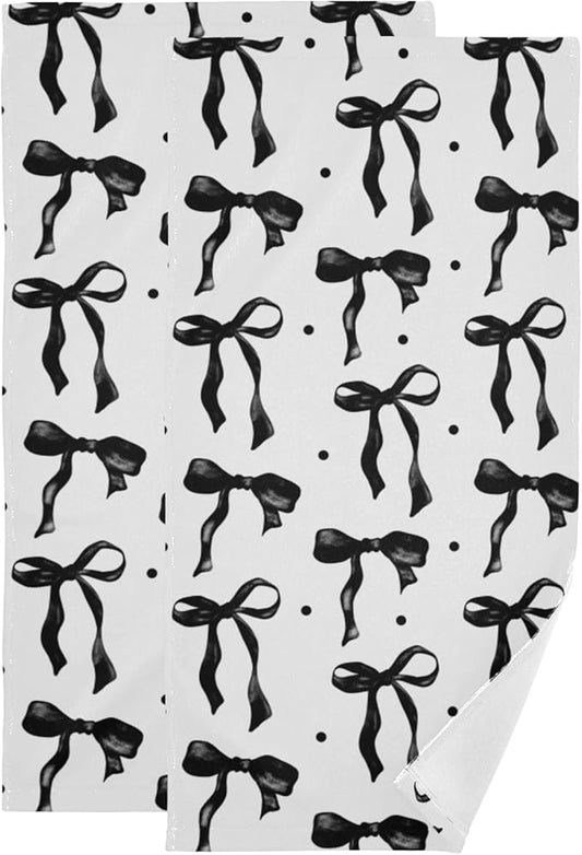 2 Pcs Black and White Bows Hand Towels for Bathroom,Soft Absorbent Cute Black Girly Bow Aesthetic Decorative Dish Towels for Kitchen,Quick Dry Guest Bathroom Towels for Face,Shower 14"x28"