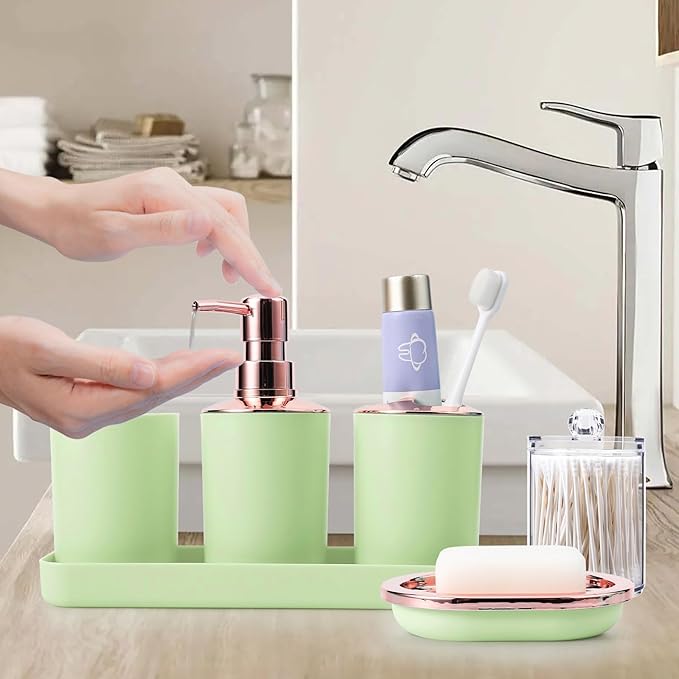 25 Pieces Bathroom Set Green Bathroom Accessories Set, Shower Curtain and Rugs, Trash Can, Toilet Brush, Soap Dispenser, Soap Dish, Toothbrush Holder, Tumbler, Tray, Qtip Holder for Home Decor