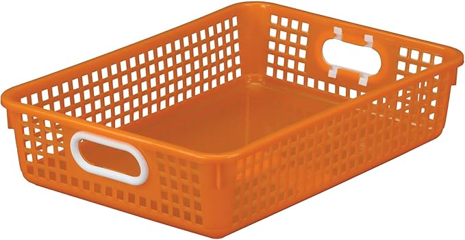Really Good Stuff Multi-Purpose Small Desktop Paper Storage Baskets, 14" x 10" x 3.25", Set of 4, Neon Group Colors, Classroom Organization, Stackable Mesh Plastic Baskets with Grip Handles