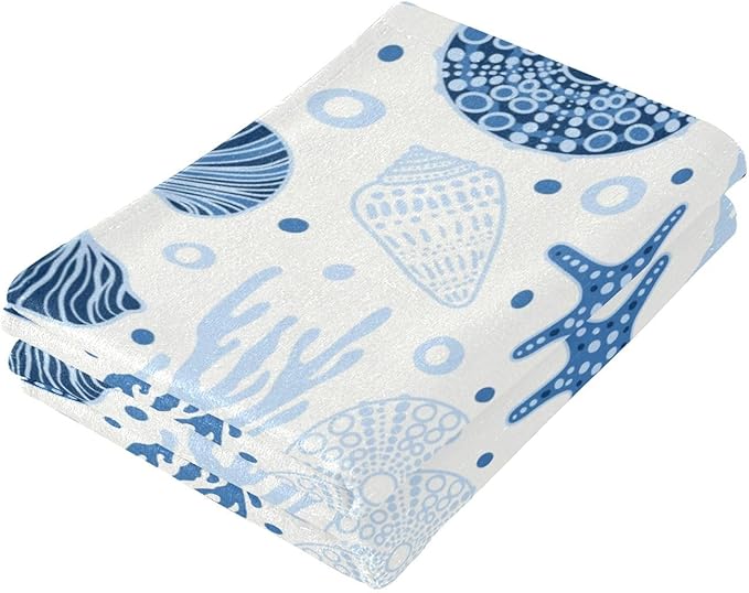 2 Pcs Blue Coastal Decorative Hand Towels for Bathroom,Soft Absorbent Summer Nautical Starfish Seashell Beach Dish Towels for Kitchen,Quick Dry Guest Bathroom Towels for Face,Shower 14"x28"