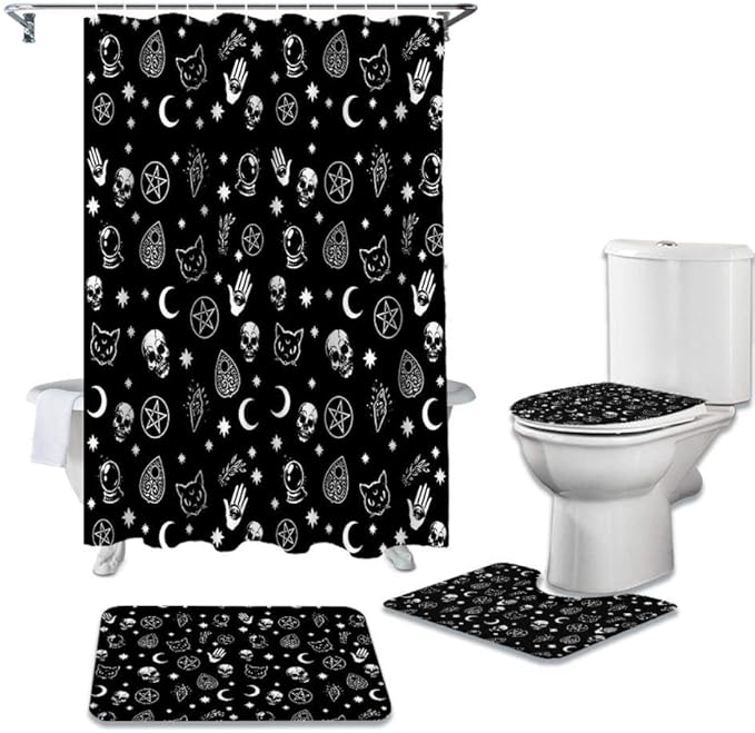 4-Piece Bathroom Set Stars Black Witch Skull Moon Divination Gothic Shower Curtain Rug Set Non-Slip Bath Mat Toliet Cover Bathroom Shower Curtains-4-Piece_Set