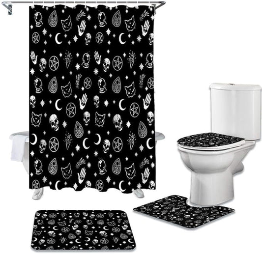 4-Piece Bathroom Set Stars Black Witch Skull Moon Divination Gothic Shower Curtain Rug Set Non-Slip Bath Mat Toliet Cover Bathroom Shower Curtains-4-Piece_Set