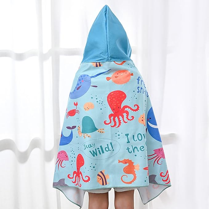 Hooded Beach Towel, Microfiber Hooded Beach Towel For Kids Toddler Infant Boy Girl, Beach Towel with Hood For Bath Pool Swim Summer Beach Essentials Cartoon Shower Gifts (24x50 Inch, Marine Wave)