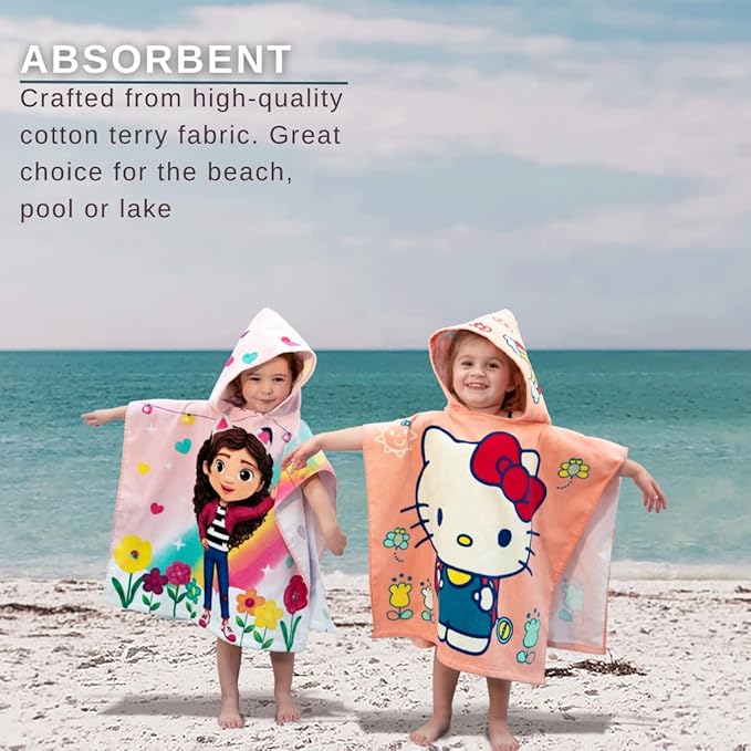 Hello Kitty Kids Beach/Pool/Bath/Camping Hooded Towel Poncho 24" X 22", Absorbent Cotton Cover up, (Official Licensed Sanrio Product) by Franco
