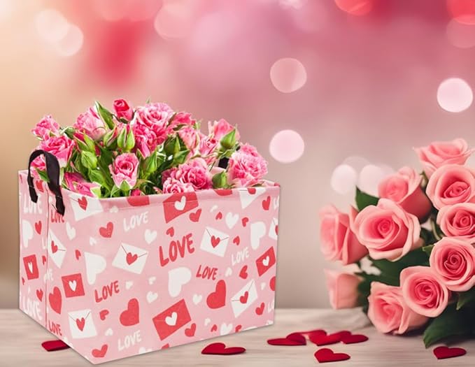 Rectangular Pink Basket Heart Basket Baby Girls Basket Valentines Gift Basket Cute Kids Toy Storage Bin Organizer Shelf Book Basket Love Room Decor(Valentines Basket)