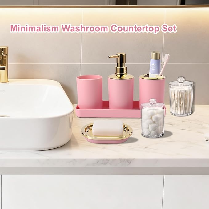 25 Pieces Bathroom Set Pink and Gold Bathroom Accessories Set, Shower Curtain and Rugs, Trash Can, Toilet Brush, Soap Dispenser, Soap Dish, Toothbrush Holder, Tumbler, Tray, Qtip Holder for Home Decor